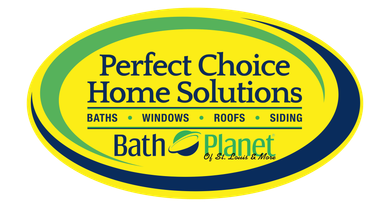 Logo for Perfect Choice Home Solutions, with text and a stylized bath symbol within a green and blue oval, listing home services.
