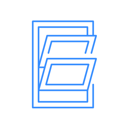 Blue outline of a window with two rectangular panels opening outwards.
