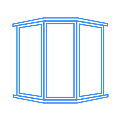 Blue outline of a bay window with three rectangular panes.