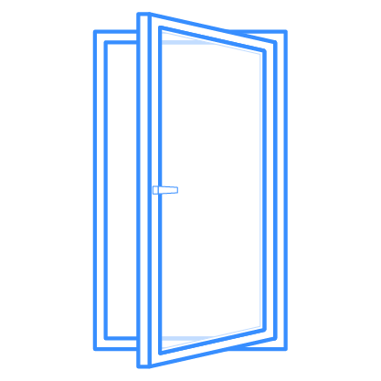 Blue outlined open door illustration.