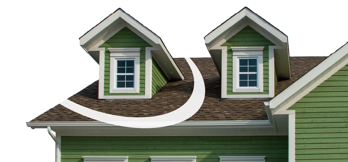 Green house roof with two dormer windows and white trim.
