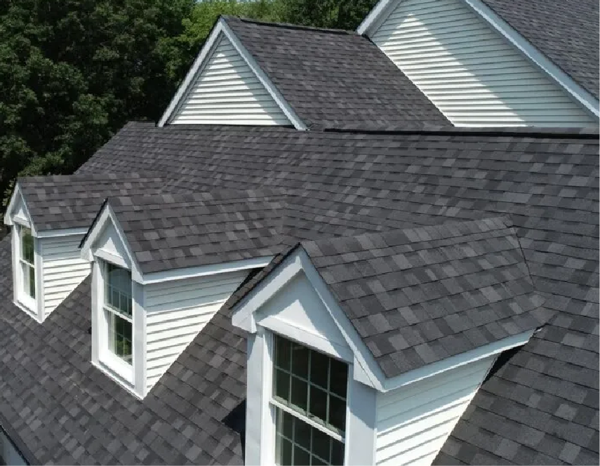 Gray-shingled residential roof with dormer windows and white siding