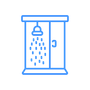 Blue outline of a shower stall with a showerhead and water droplets.