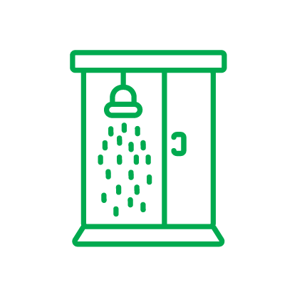 Green outline of a shower stall with a showerhead and water droplets.