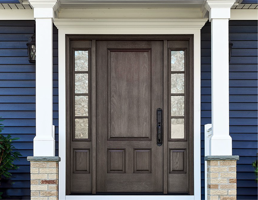 Dark brown front door with sidelights, flanked by white columns and blue siding.