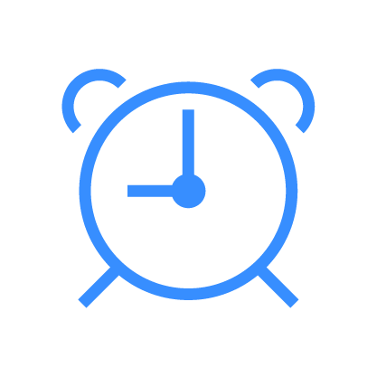 Blue alarm clock showing 9 o'clock.