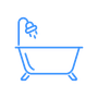 Blue outline of a bathtub with a shower head above, spraying water.