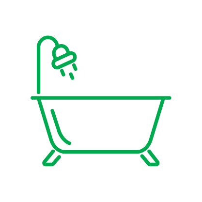 Green outline of a bathtub with a shower head above it, water droplets shown.