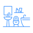 Blue line drawing of a bathroom with a sink, toilet, bathtub, and shelf with toiletries.