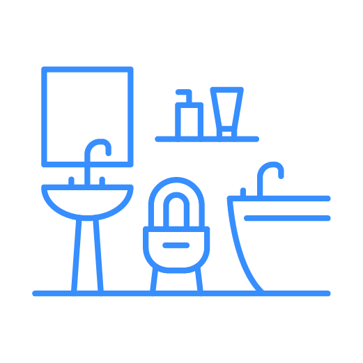 Blue line drawing of a bathroom with a sink, toilet, bathtub, and shelf with toiletries.