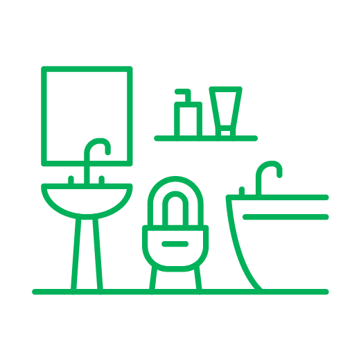 Green outline of a bathroom: sink, mirror, toilet, shelf with toiletries, and a bathtub.