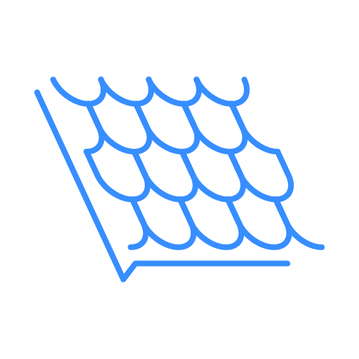 Blue outline illustration of a roof with shingle tiles.