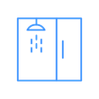 Blue line drawing of a shower stall with a shower head and water streams.