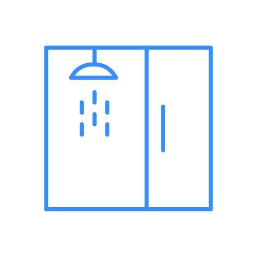 Blue outlined shower stall with water droplets falling from a showerhead.