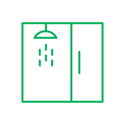 Green line drawing of a shower stall with shower head and water droplets.