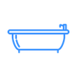 Blue outline of a bathtub with a faucet, set against a white background.