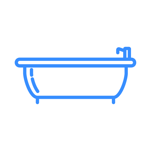 Blue outline of a bathtub with a faucet, set against a white background.