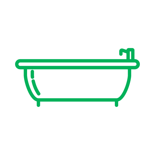 Green outline of a bathtub with a faucet.