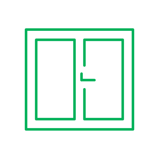 Green outline of a double-pane window with a handle, likely indicating a home or building.