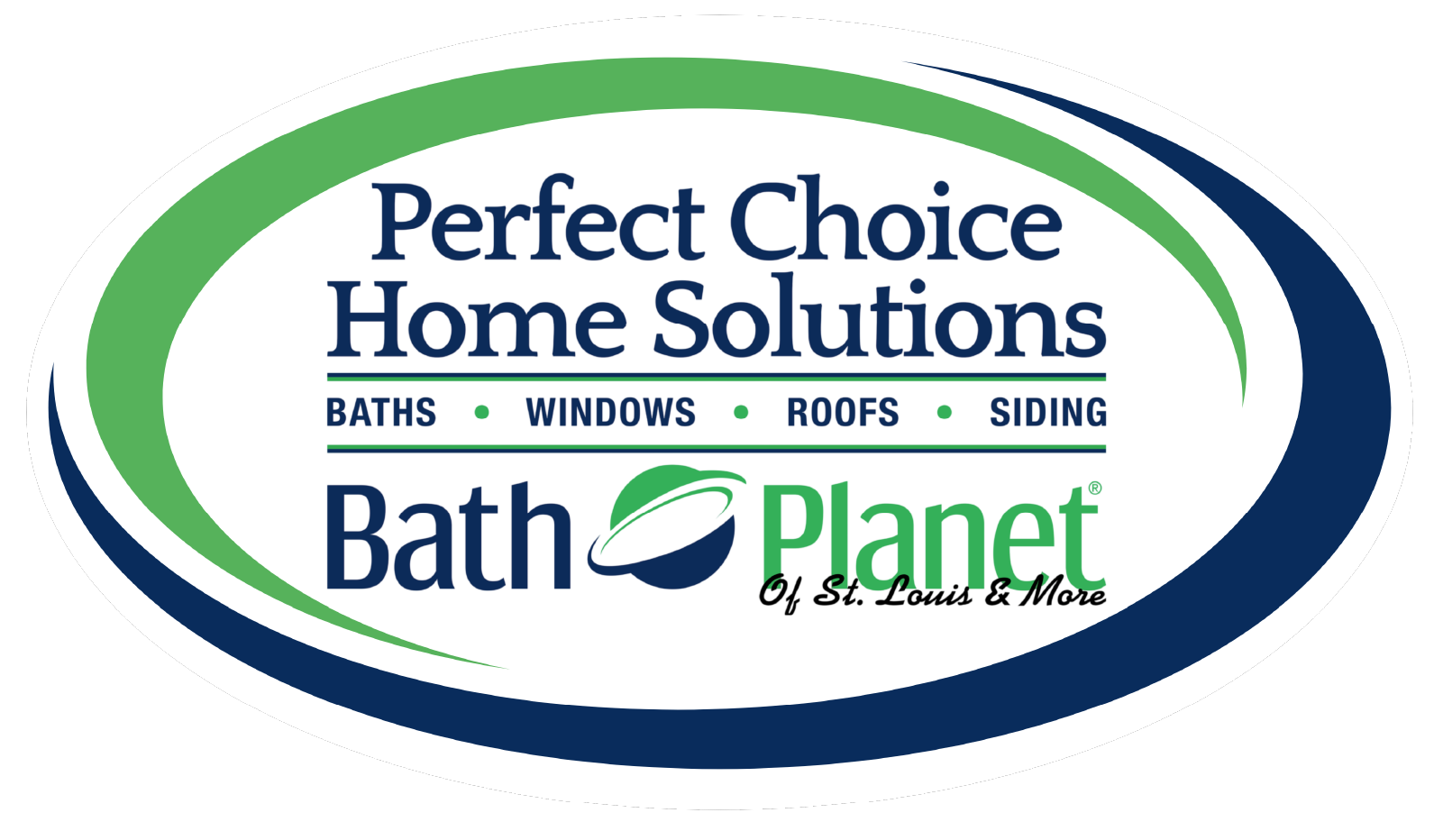 Perfect Choice Home Solutions and Bath Planet logo in blue and green oval with bath, windows, roofs, siding text