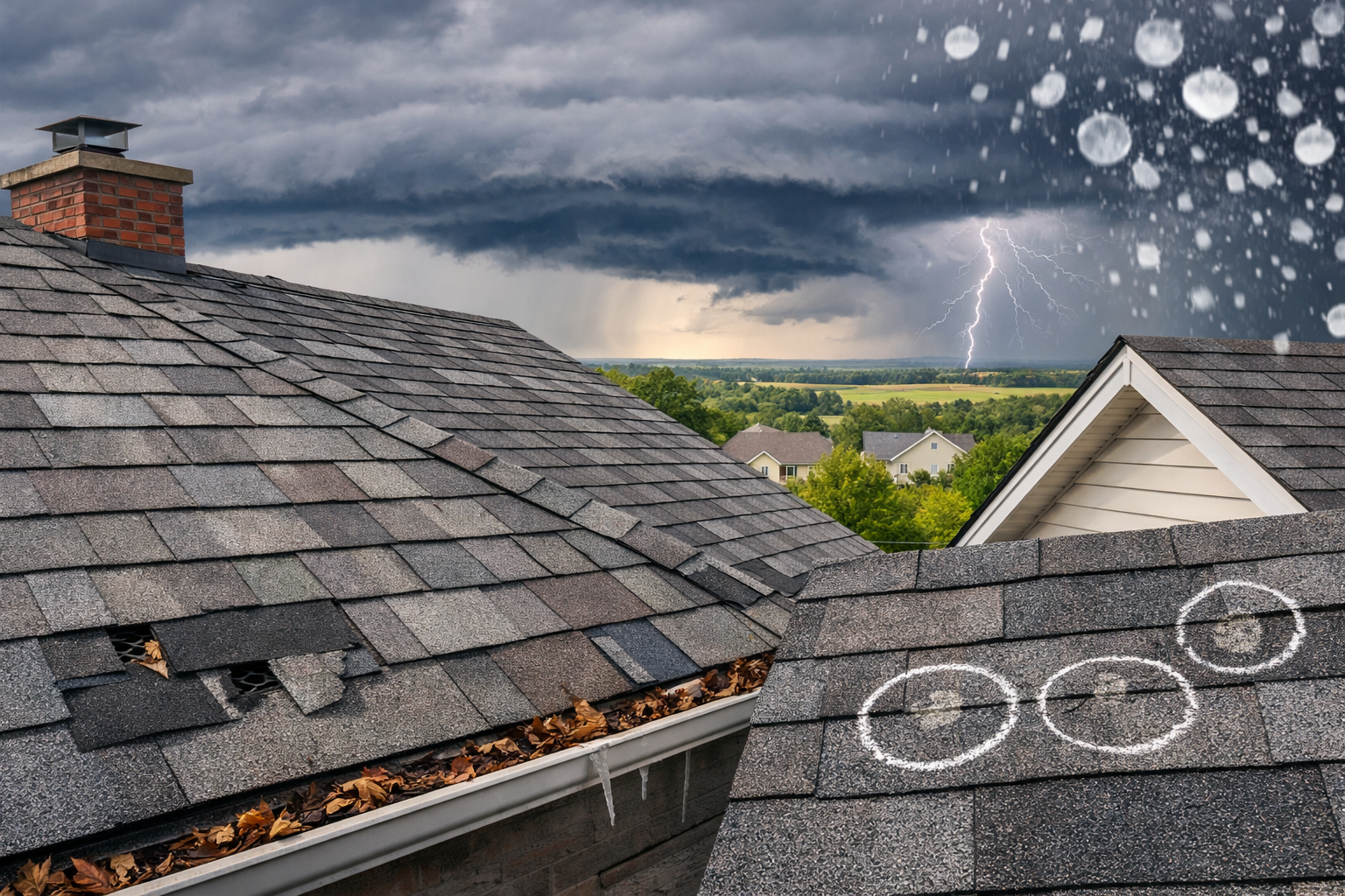 A house roof with damaged shingles and hail impact markings during a severe thunderstorm with lightning.