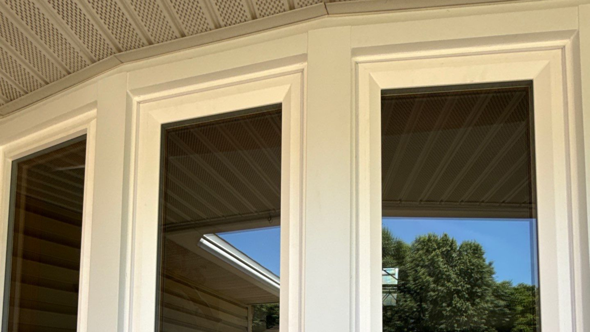 White-framed windows on a curved porch, reflecting a blue sky and trees