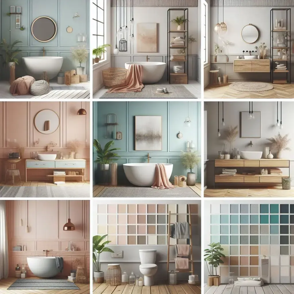 Nine bathroom design options with varying styles and color schemes, showcasing decor and layouts.