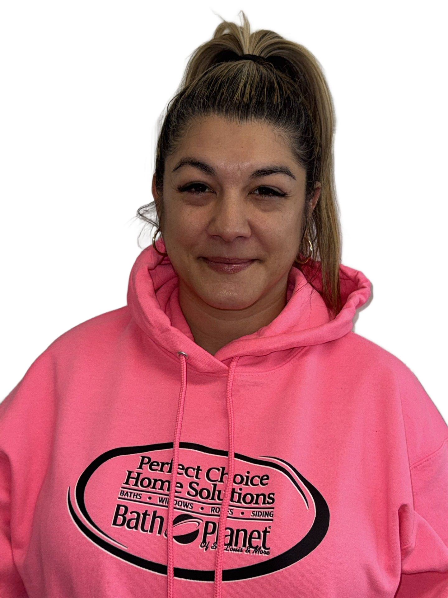 Woman with blonde hair wearing a pink sweatshirt, smiling at the camera. White background.