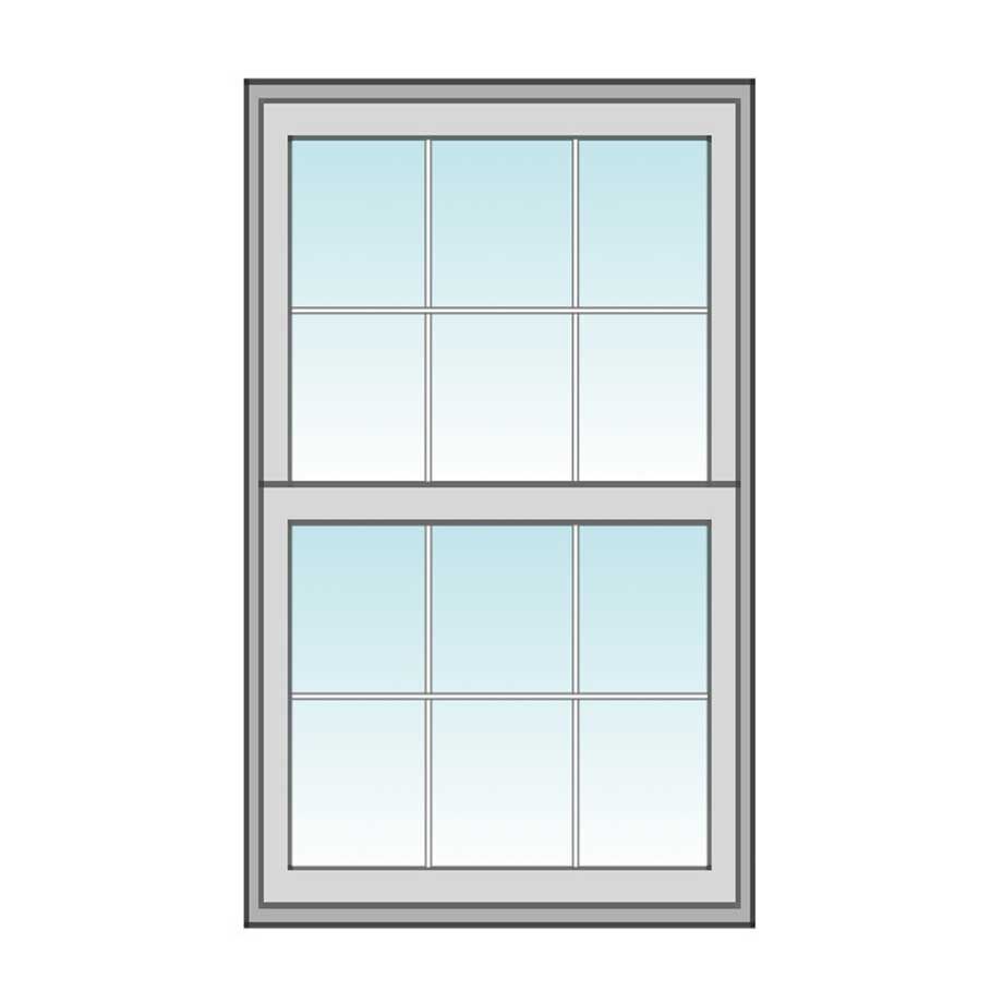 Double-hung window with a six-over-six grid pattern, set against a light-blue sky, within a gray frame.