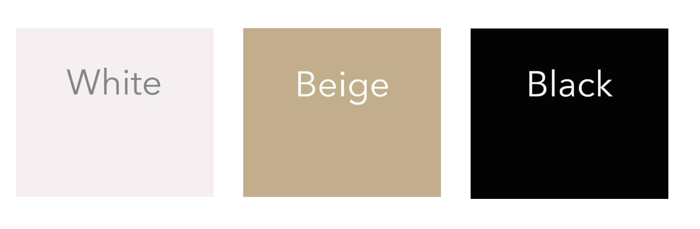 Color swatches: white, beige, and black.