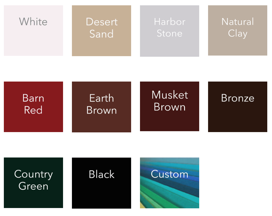 Color palette showing various color swatches: white, tan, gray, brown, red, dark brown, bronze, green, black, and a custom option.