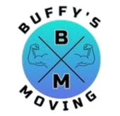 Logo for Buffy's Moving: Blue circle with white text "Buffy's Moving" and "BM," crossed arms, gradient background.