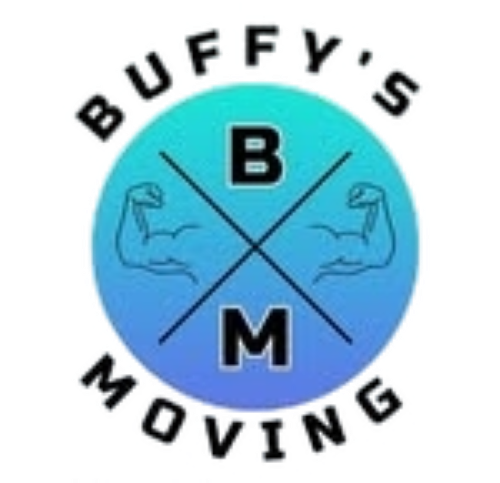 Logo for Buffy's Moving: Blue circle with white text "Buffy's Moving" and "BM," crossed arms, gradient background.