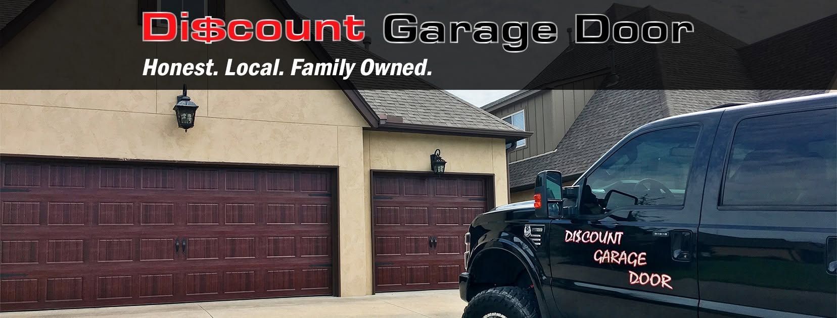 Discount Garage Door logo on a maroon house garage with a service van in front.