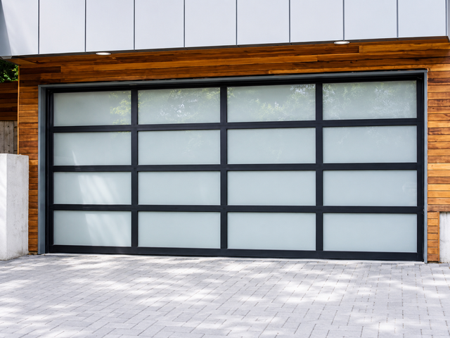 Modern frosted glass garage door with black frame and wood-trim facade
