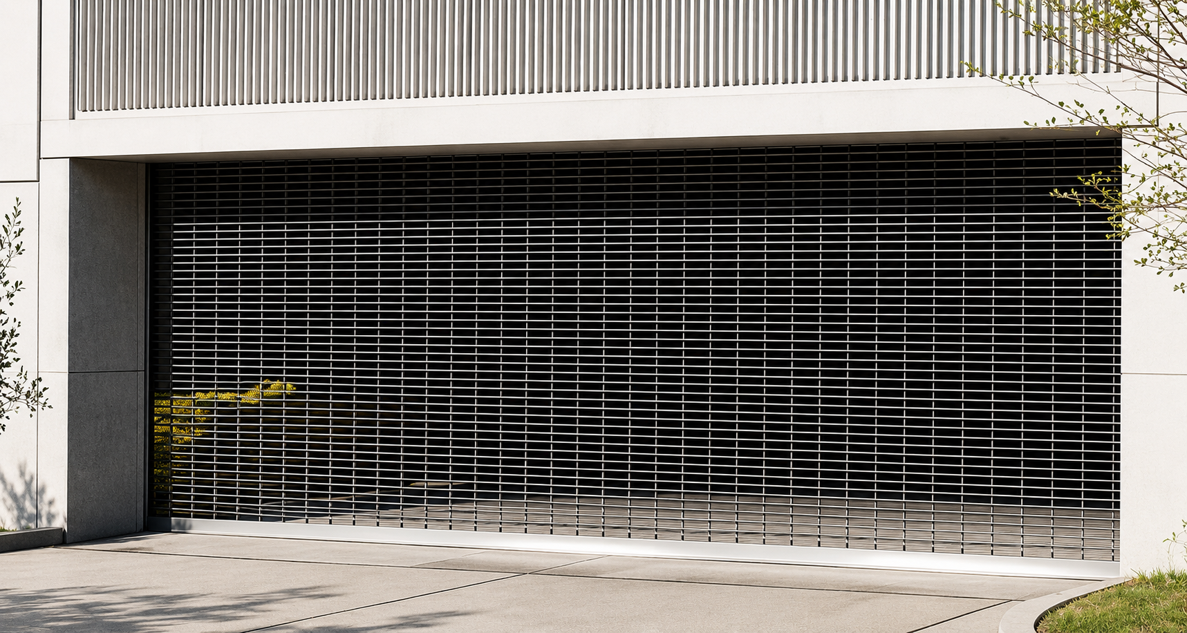 Modern building facade with a closed black metal security gate over a garage opening