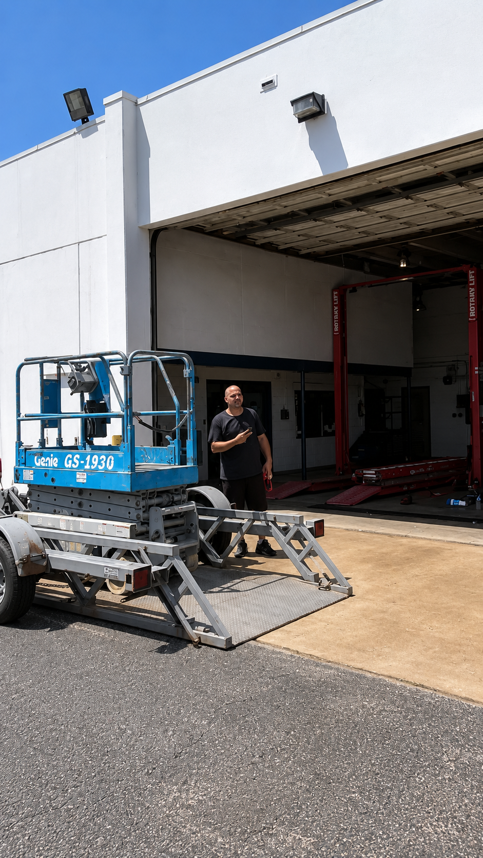 Blue cherry picker parked outside a warehouse loading dock, with a man standing beside it.
