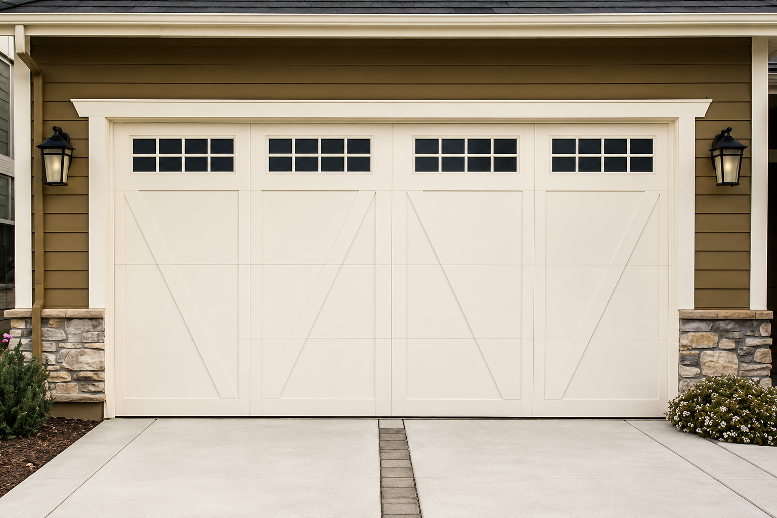 Two-car garage with white doors, tan siding, and stone trim at a house front