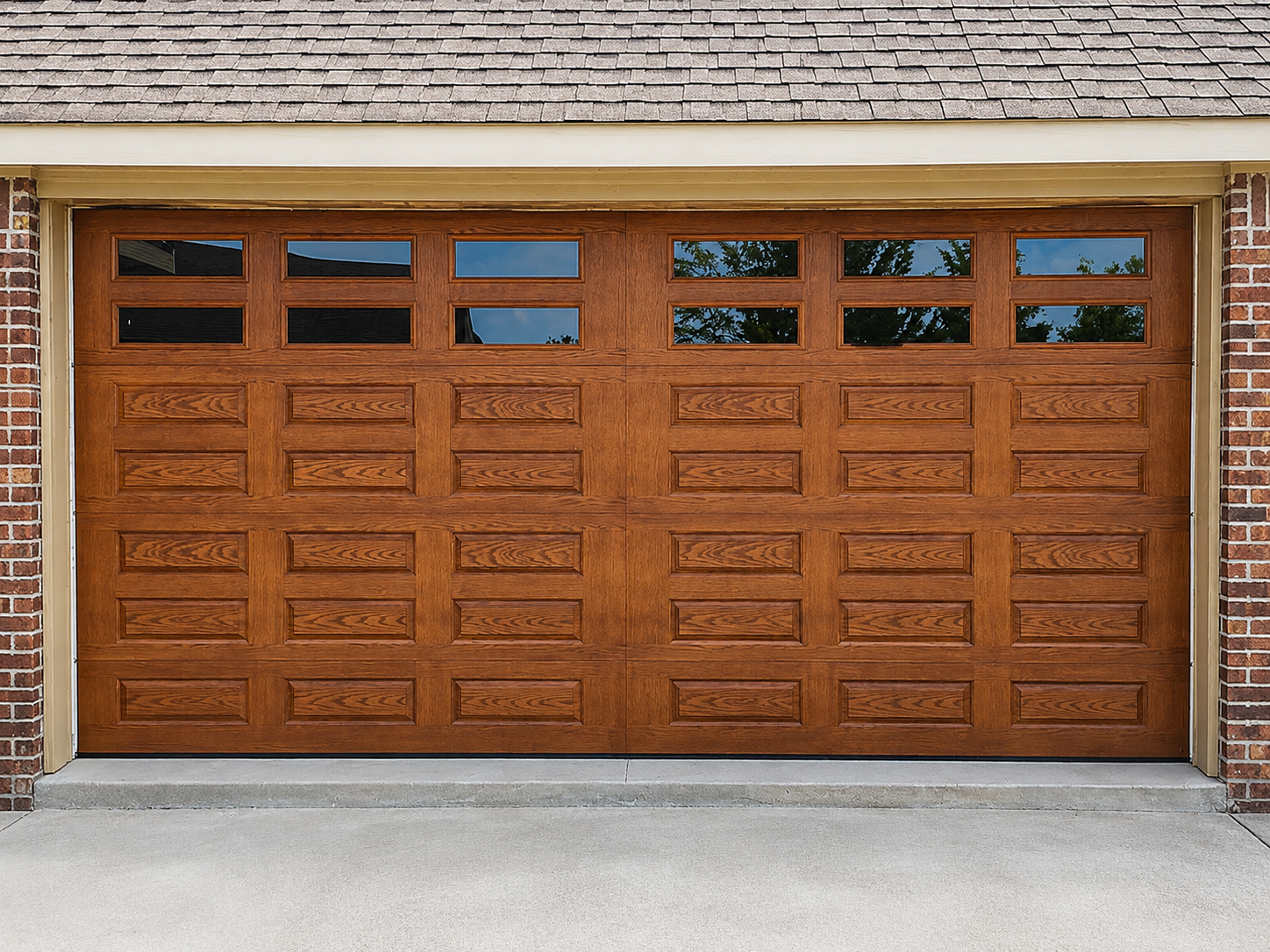 Wooden double garage door beneath a shingled roof on a brick house