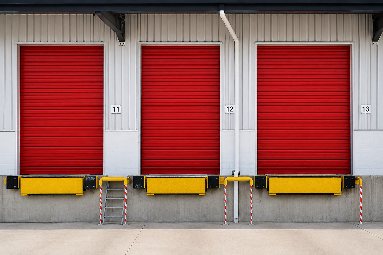 Three red loading dock doors with yellow bumpers and metal steps in an industrial warehouse loading bay