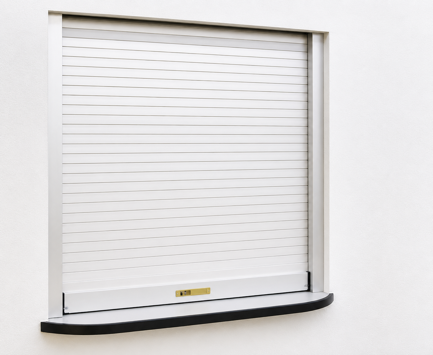 White roll-up service window shutter in a wall opening with a small counter ledge