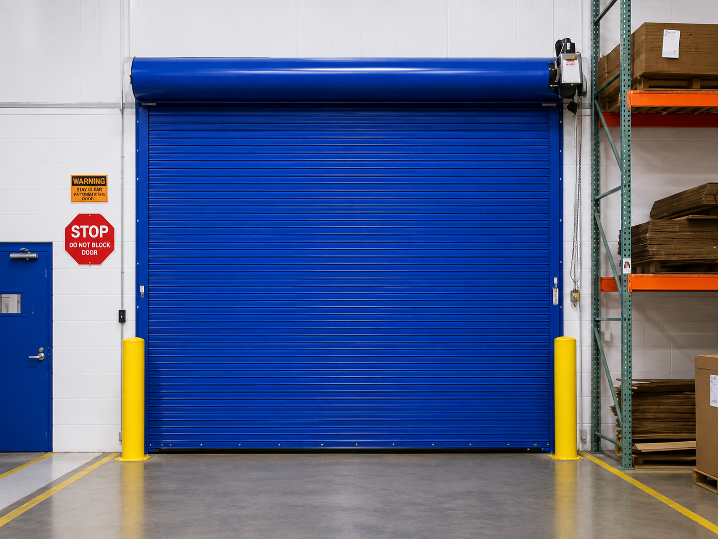 Blue industrial roll-up door in a warehouse with yellow safety bollards and storage racks nearby