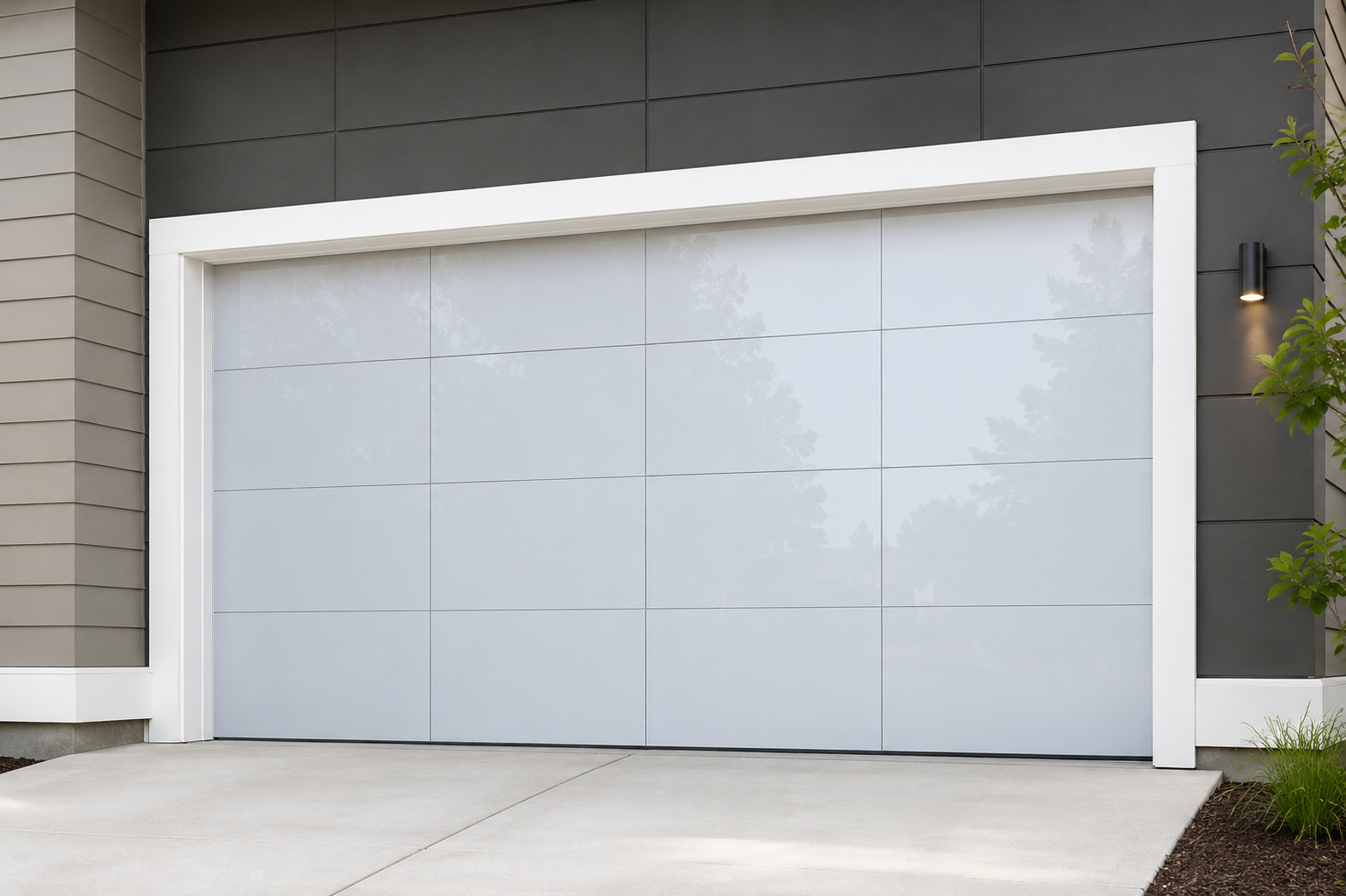 Modern gray double garage door with white trim in a driveway