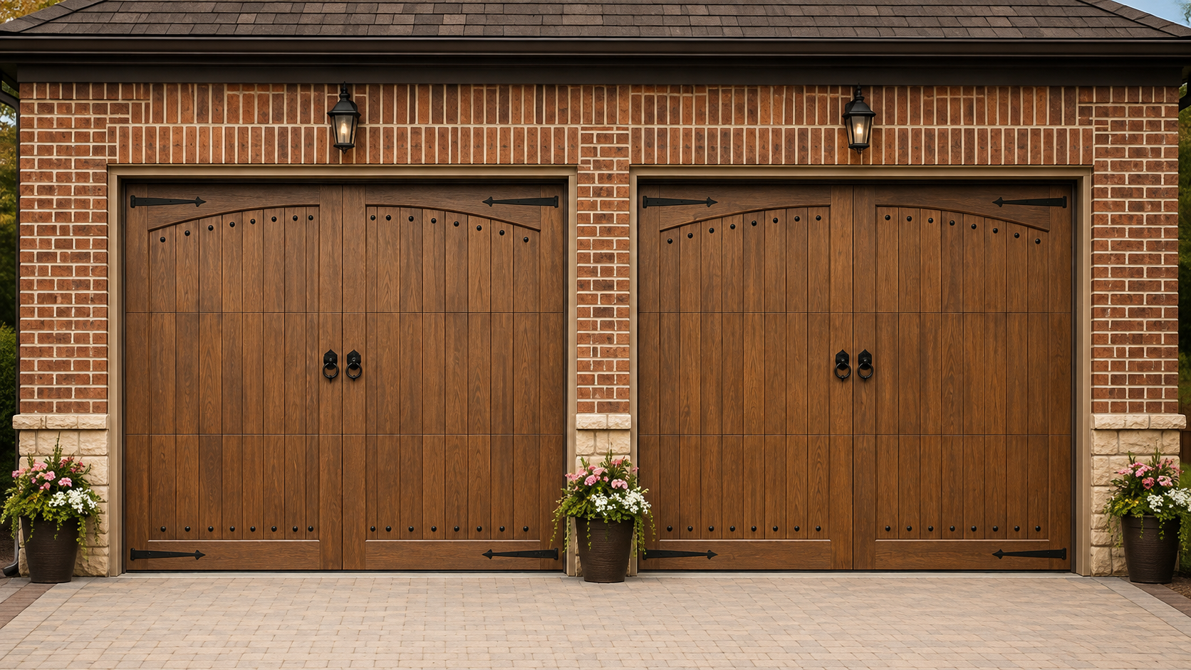 Two wooden double garage doors set in a brick house exterior with small potted plants