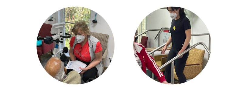 Two pictures of a woman wearing a mask and a vacuum cleaner.
