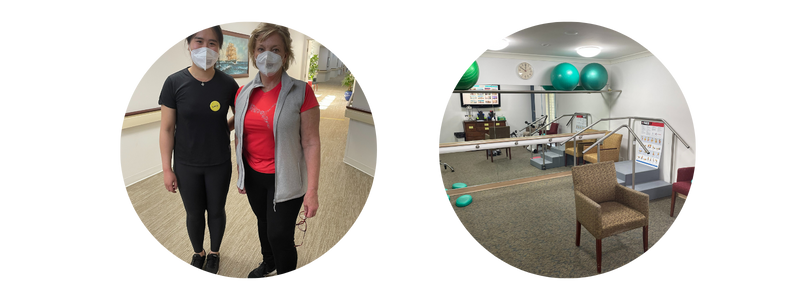 Two people wearing masks are standing next to each other in a gym.