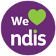 A purple circle with the words `` we love ndis '' and a green heart.