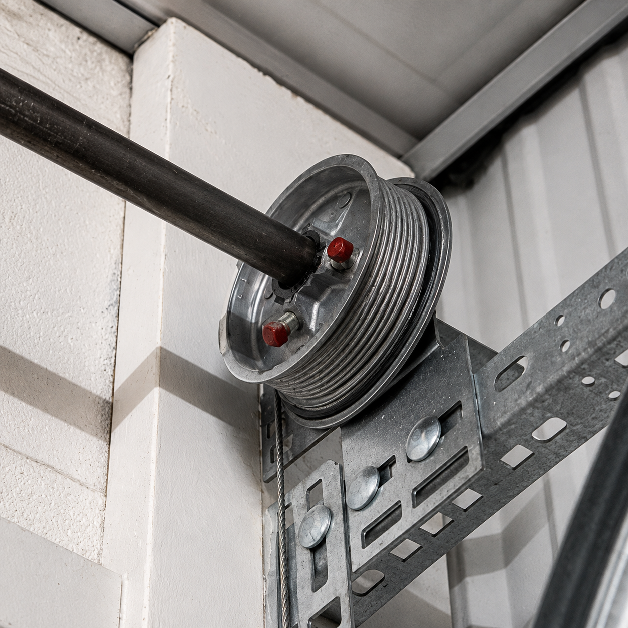 Coiled cable reel mounted on a metal bracket in a garage or workshop corner.