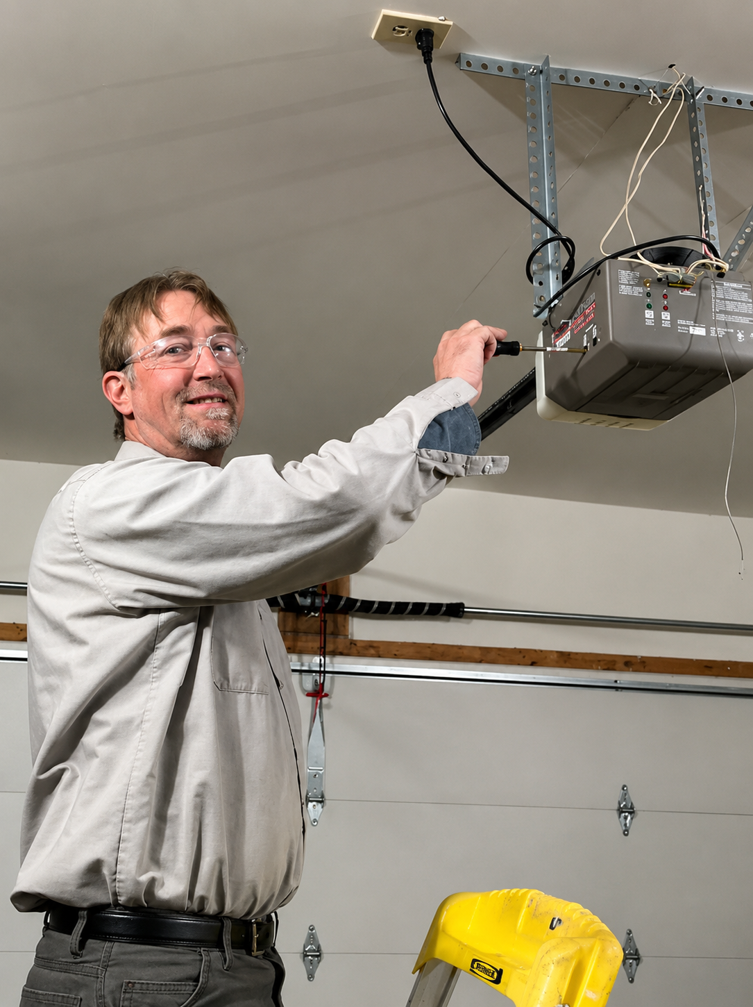 Man smiling while adjusting a garage door opener mounted to the ceiling