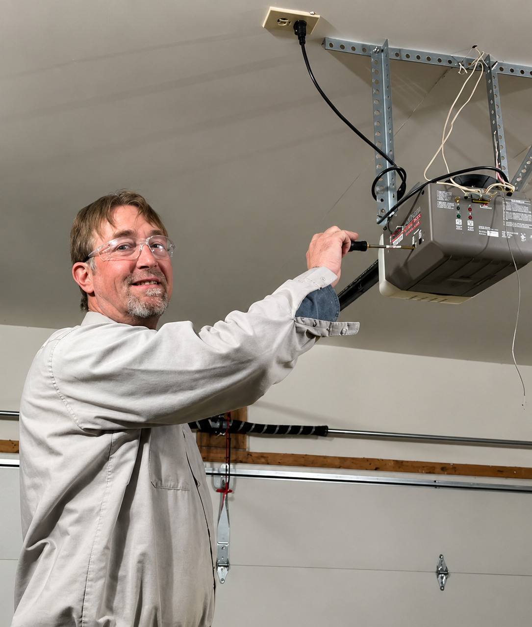 Man adjusting a garage door opener on the ceiling, with the garage door visible behind him
